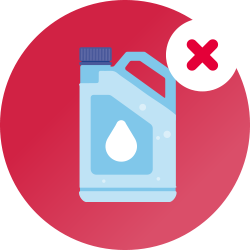 Een rode cirkel met daarin een blauwe tekening van een grote fles gedeïoniseerd water met een rood kruis ernaast om aan te geven dat dit product niet mag worden gebruikt in een CPAP-luchtbevochtiger.
