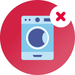 Een rode cirkel met daarin een blauwe tekening van een wasmachine met een rood kruis ernaast om aan te geven dat wasmachines of vaatwassers niet mogen worden gebruikt om CPAP-uitrusting te reinigen.