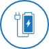 Een blauw cirkelpictogram met een tekening van een smartphone die wordt opgeladen om het aansluiten op een stroombron weer te geven.