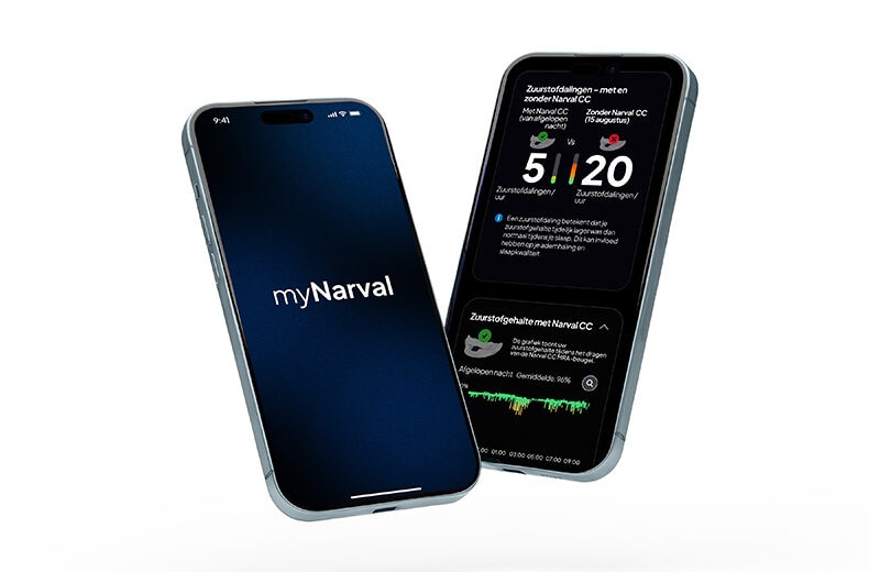 myNarval-app op smartphone die het volgen van zuurstofdalingen met en zonder Narval CC toont