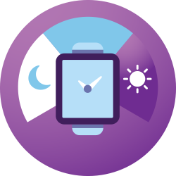 Een paarse cirkel met daarin een afbeelding van een horloge, de maan en de zon om slaap van nacht tot dag weer te geven
